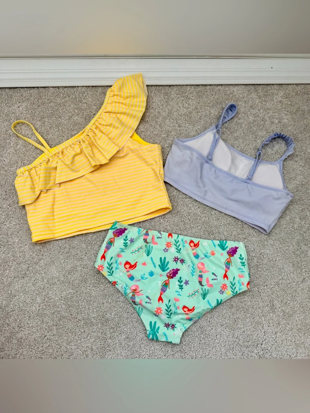 Ruffle Butts Yellow Stripe, Mermaid & Lavender Girls Swim Set, size 12